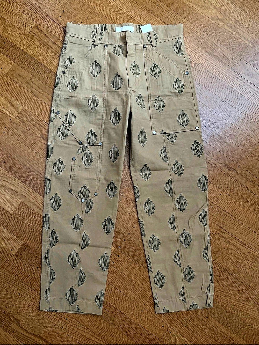Chloe Straight Leg Tan and Green Utility Pants with chloe monogram pattern Size